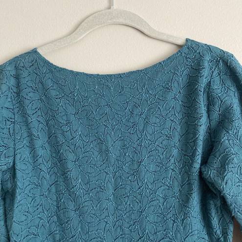 Garnet Hill  Womens Lace Knit Teal Sheer Top Overlay Size XS Long Sleeve Tiered