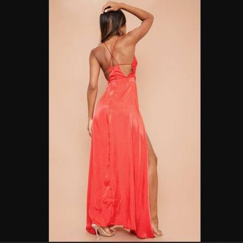 Pretty Little Thing  Red Extreme Slit Strappy Back Maxi Dress