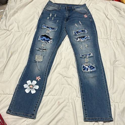 Daisy Blue Skinny Cheetah  Patch Distressed Stitched Jeans Womens Small Floral