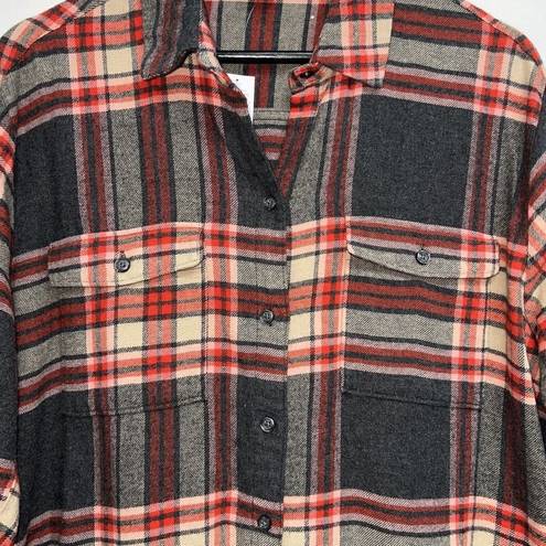 Old Navy  The Boyfriend Flannel Shirt Womens Size M Orange Gray Plaid Long Sleeve