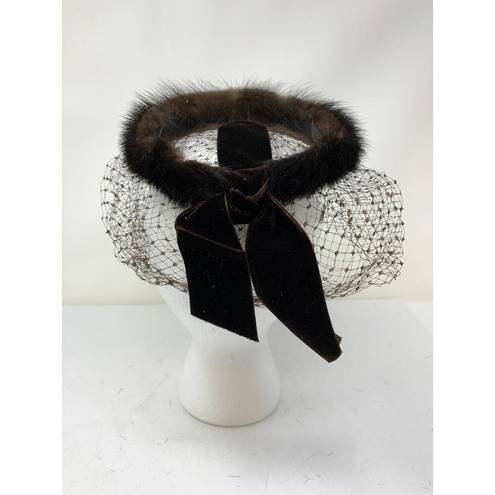 Pacific&Co Vintage G. Fox &  Fascinator Hat Brown Fur and Mesh Netting Bow Back