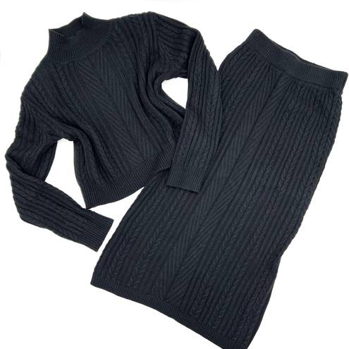 Two Pieces Set Knit Crop Top Long Skirt Sweater Blouse Turtleneck Maxi Skirt Slim Fit Loose Top Tee Black
