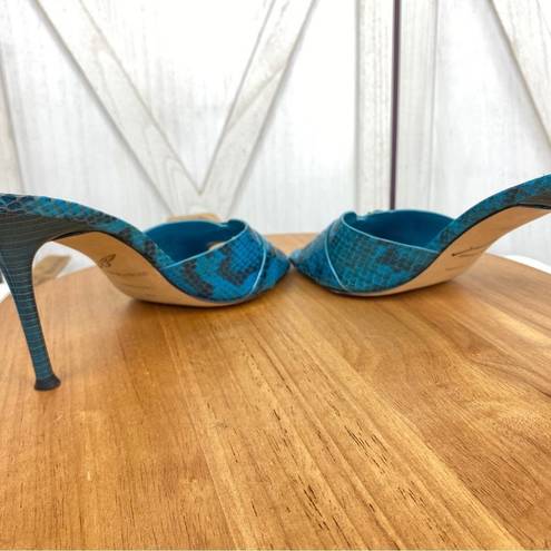 Brian Atwood  Maritima Snake Print Heeled Mule Sandals Turquoise 8.5