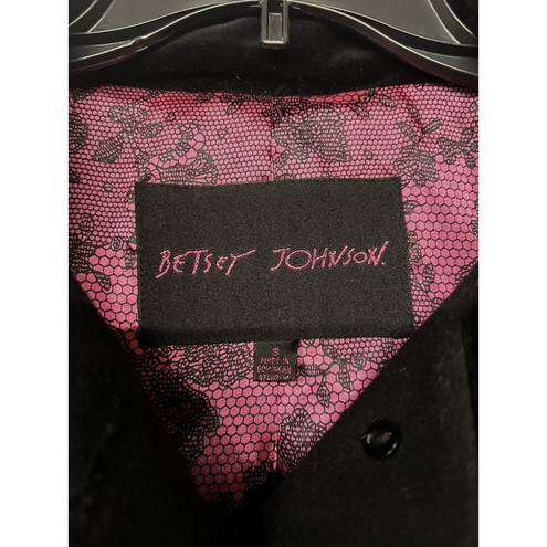 Betsey Johnson  Wool Peacoat Long Jacket Hearts Velvet Bow Black Size 8 S Medium