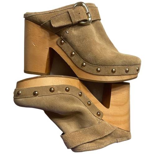 Steve Madden  Hilde Boho Tan Suede Leather Bohemian Wood Block Heel Clogs