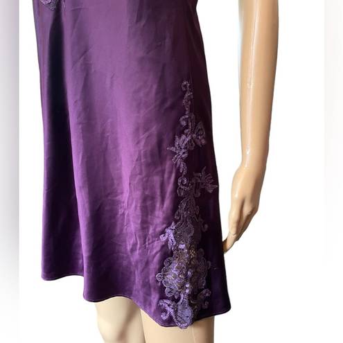 Natori  Purple Silky Satin Luxury Floral Lace Lingerie Mini Slip Chemise Dress