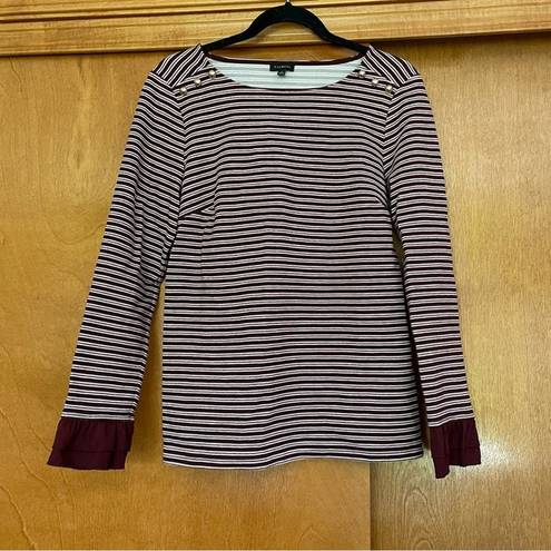 Talbots  Striped Metallic Ruffle Cuff Burgundy Long Sleeve Shirt Size Medium