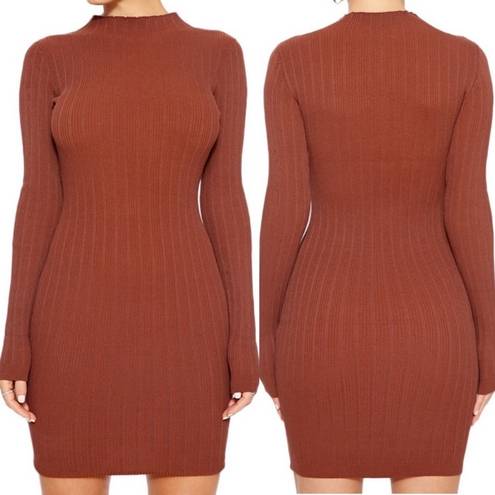 Naked Wardrobe  Long Sleeve Mock Neck Ribbed Bodycon Mini Dress: Rust Brown