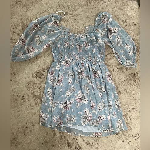 Lulus Love Potion Blue Floral Smocked Three-Quarter Sleeve Mini Dress Large