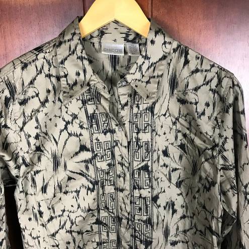 Chico's  Black Gray Floral Print Embroider Long Sleeve Button Shirt
