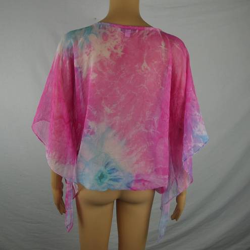 Alberto Makali  Sheer Tie Dye Blouse Split Tied Neck Flutter Kimono Sleeves Boho