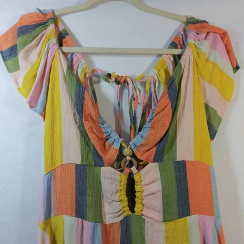 Angie  Pina Colda Striped Short Sleeve Strappy Neck Dress Boho Size L