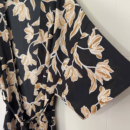 Anthropologie Maison Du Soir  Black Floral Belted Lightweight Kimono ~ Size L/XL