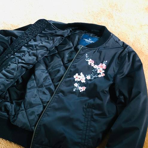 American Eagle Floral Embroidered Black Puffer Bomber Jacket