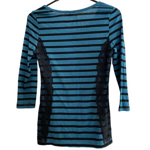 Wall Flower  Lacy Striped 3/4 Length Sleeved Top - Black and Turquoise