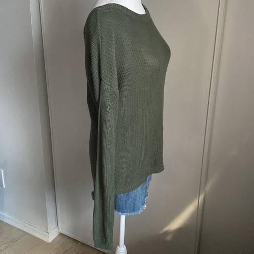 Full Tilt  Army Green Crewneck Ling Skeeve Sweater with Low Cut Out Back