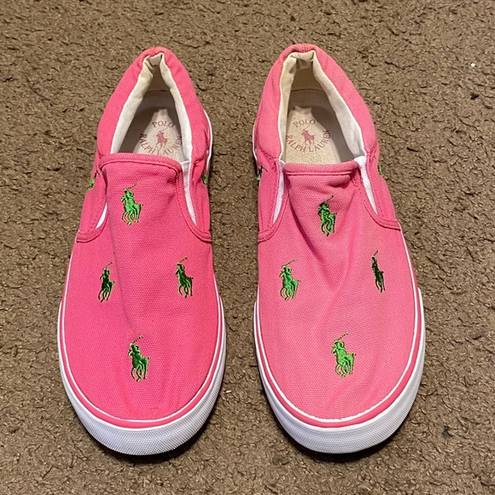 Polo Womens PRL  Ralph Lauren Pink Green Spinnaker Repeat Pony Boat Shoes Flats 6