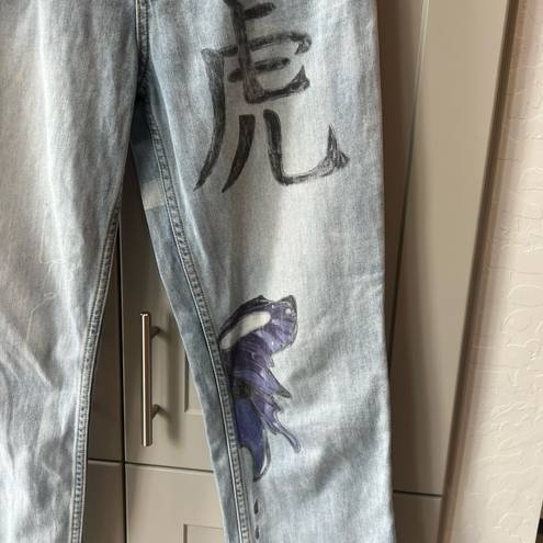 Unif  Custon Hand Painted Reworked Straight Leg Acid Washed Jeans 27 Small Doodle