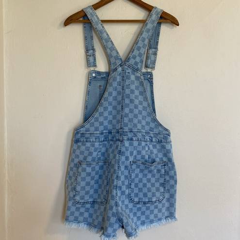 No Bo Junior Women’s  Light Checked Frayed Hem Denim Shortalls Size Medium (7/8)