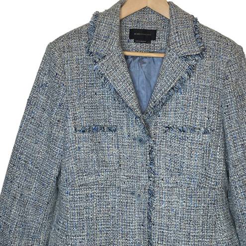 BCBGMAXAZRIA Wool Silk Tweed Longline Coat Blue Raw Edge Overcoat, size Large