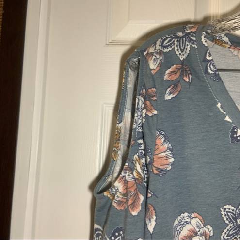 Bobeau  Blue Floral Print Knit Cold Shoulder 3/4 Sleeve Top 1X