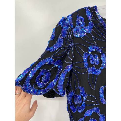 Laurence Kazar  Vintage Blue Black Sequin Floral Top 1X