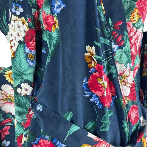 Johnny Was  Evelyn Silk Sleep Robe Floral Print Cozy Navy Blue Size XS