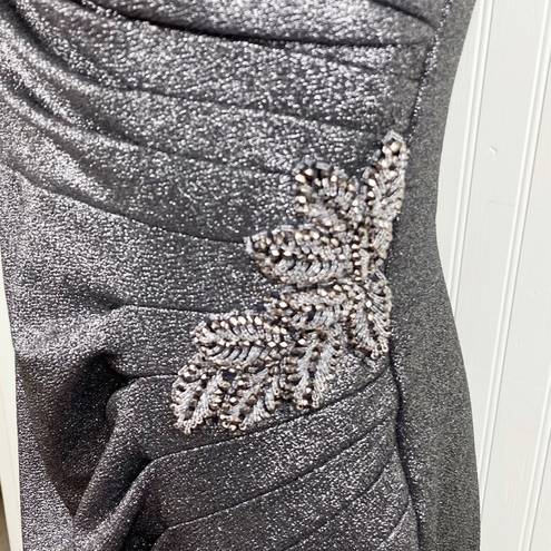 Oleg Cassini  Beaded Ruched Metallic Off-Shoulder Sheath Gown Gunmetal Size 12