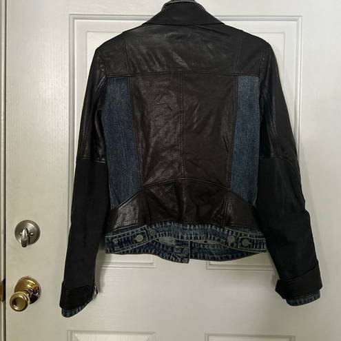 ALLSAINTS  Leather Jacket Biker Blue Denim Black Leather Jacket Size 4