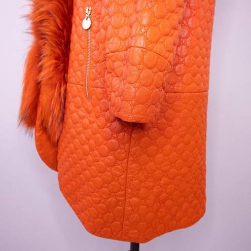 Vintage leather coat with fur trim, color orange Size XS