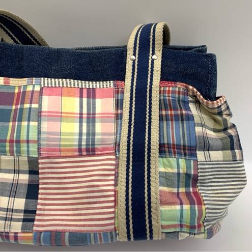 Tommy Hilfiger  Vintage Blue Canvas Denim Plaid Tote Bag