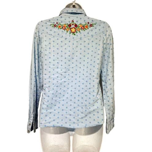 Roxy  jeans eyelet floral embroidered snap button long sleeve shirt Size S