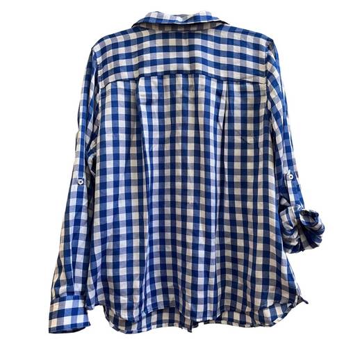 Isaac Mizrahi  Live Blue White Gingham Print Roll Tab Sleeve Button Shirt Size 16