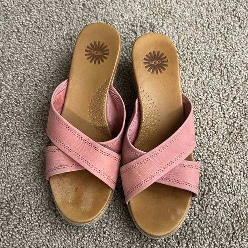 UGG  Pink Leather Criss Cross Mule Wedge Sandals Women's 7.5