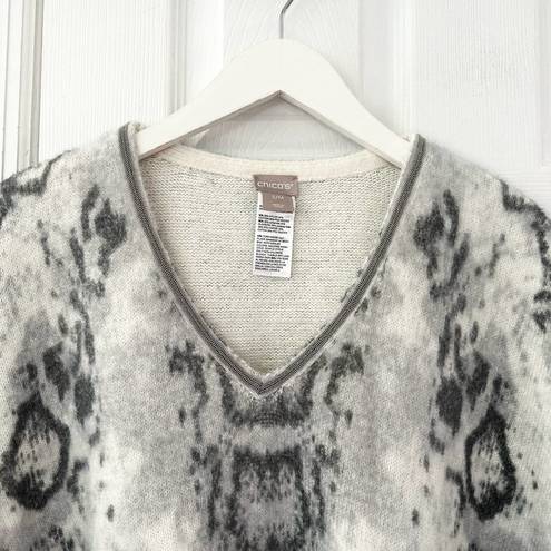 Chico's  Grey White Snake Print Cozy Embellished V Neck Poncho Sweater S/M