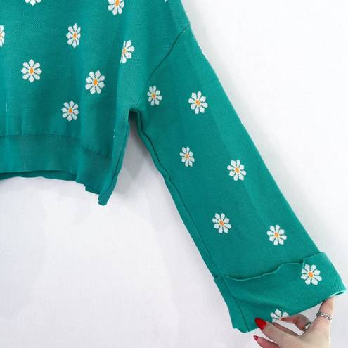 Daisy NEW Boutique Green Floral  Sweater Cropped Turtleneck size Small