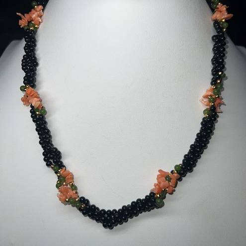 Onyx Vintage Black  Coral & Jade Bead Necklace