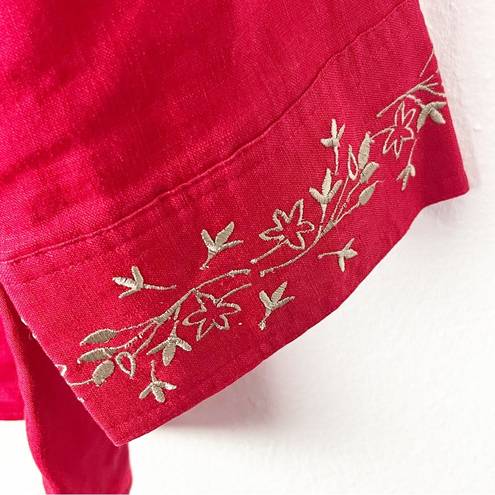 Relativity  100% Linen 3/4 Sleeves Red Button Gold Embroidery Trim Top, Large