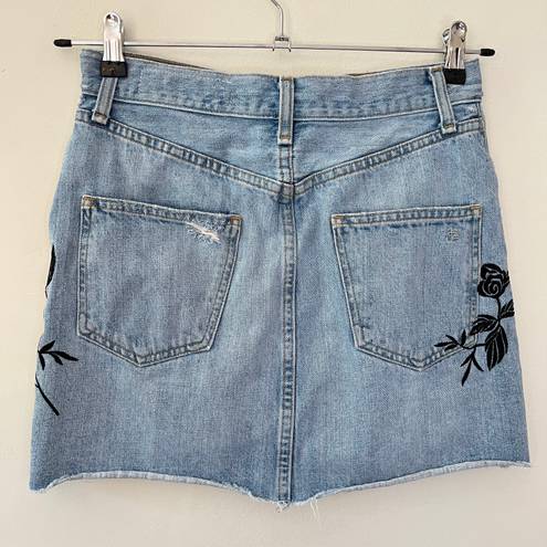 Rag and Bone  Dive Denim Floral Embroidered Distressed Mini Skirt Light Wash