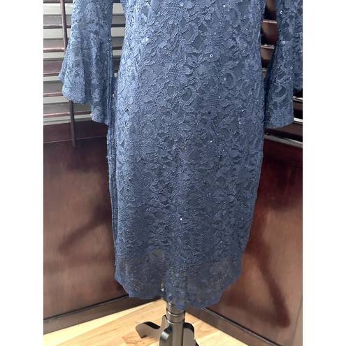 Tiana B . Blue Lace Sequin Midi Dress Sheer Sleves Lined 10P Cocktail