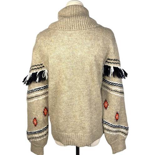 Lou & grey  For Loft Beige Long Sleeve Turtleneck Fair Isle Fringe Sweater Size S