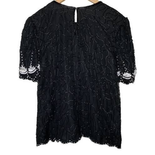 Laurence Kazar  Beaded Sequin Silk Top Short Sleeve Blouse Black Vtg, size Large