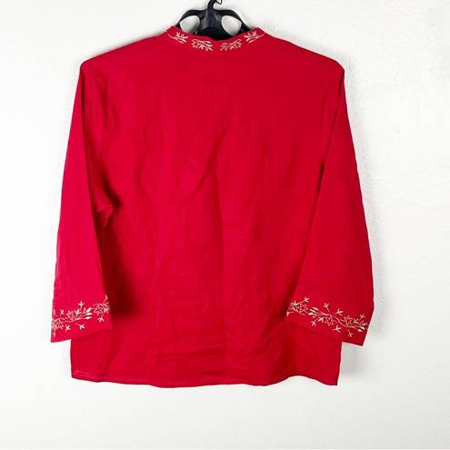 Relativity  100% Linen 3/4 Sleeves Red Button Gold Embroidery Trim Top, Large