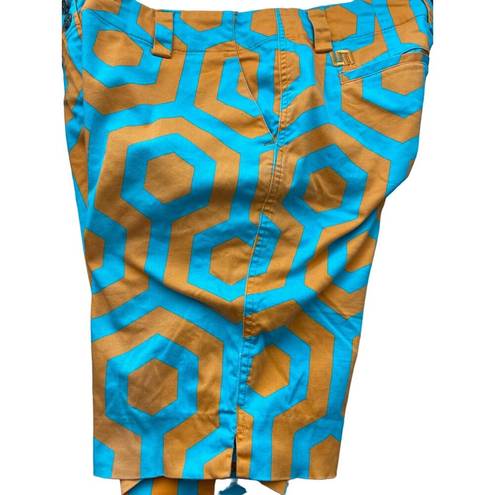 Bermuda LoudMouth Ladies Orange & Blue Geometric Pattern Fairway  Shorts Size 8