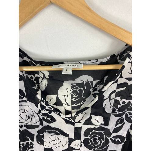 St. John  Patterned Silk Black White Floral Sleeveless Top size Large