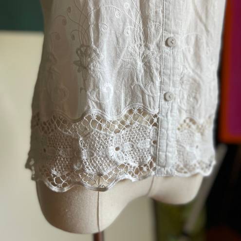 August Silk Y2K White Cotton Crochet Coquette Button Down Short Sleeve Top