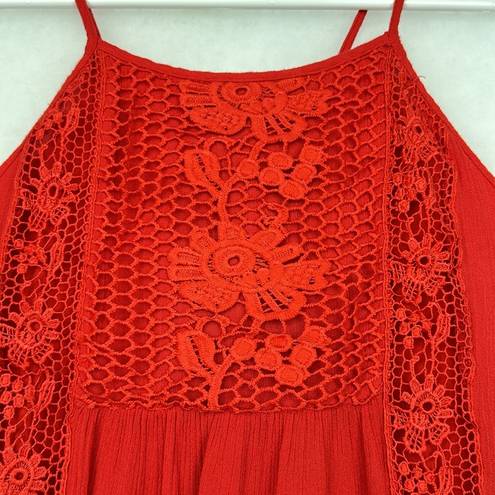 Alya Beautiful red summer Holter dress Sz Small Embroider details Back Keyhole