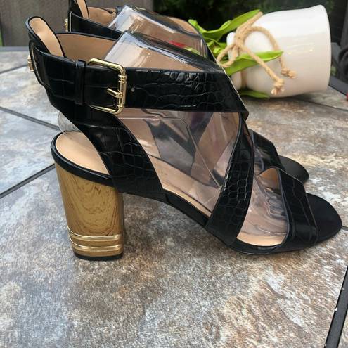 Tommy Hilfiger  Sadah Black Gold Leather Strappy Block Heel Sandal 9.5