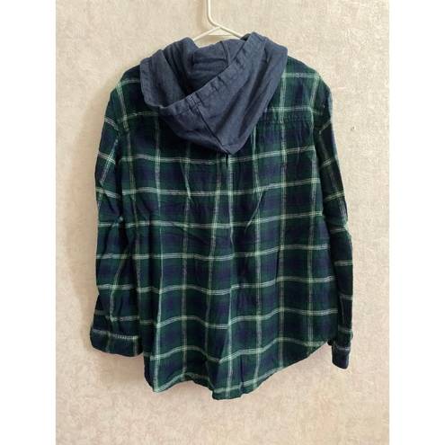 American Eagle  women's large long sleeve hooded blue / green plaid top