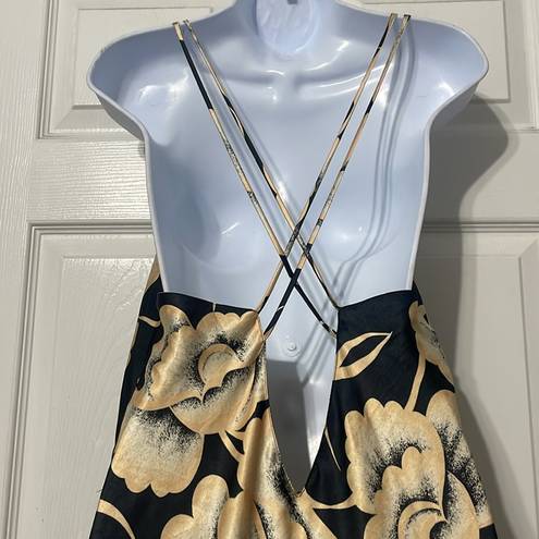 Natori  Floral Long Satin Slip Dress Vintage Gold Black Floral Size Medium